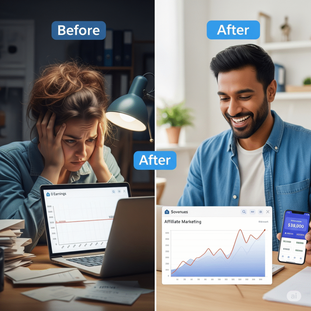 Before/after comparison showing a frustrated blogger with no earnings vs. a strategic affiliate marketer with growing income charts