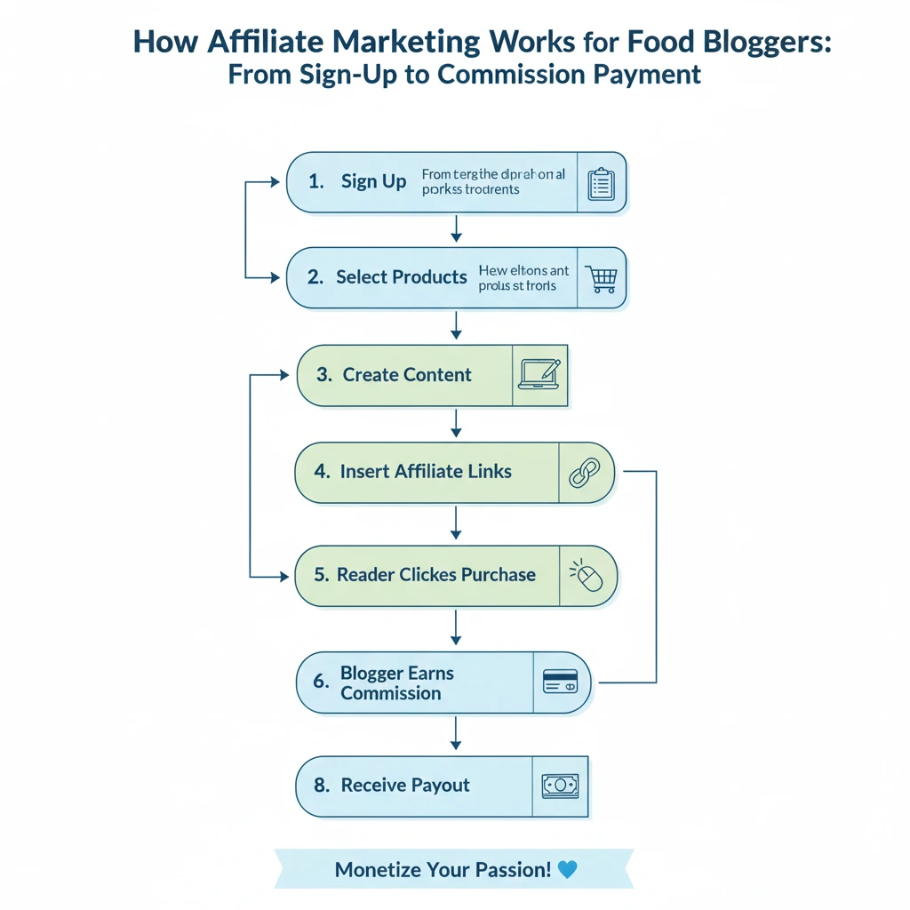 Infographic showing four ways food bloggers earn with affiliate marketing through recipes, tools, courses, and subscriptions