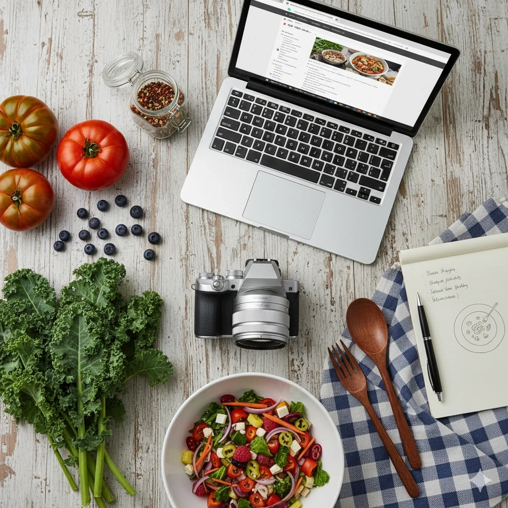 Affiliate Marketing for Food blogger workspace with laptop, camera, and fresh ingredients for affiliate marketing success.